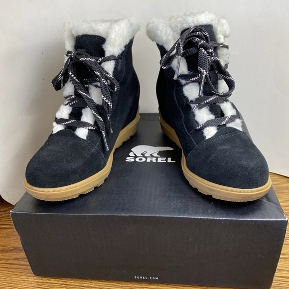 Sorel Shoes - Sorel Evie Cozy Lace Waterproof Boot Ankle Bootie Hidden Wedge Black Womens 8M